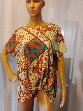 Maurices | White Orange & Teal Patchwork Knot Hem T-Shirt | OX | NWT | $26.90 Re